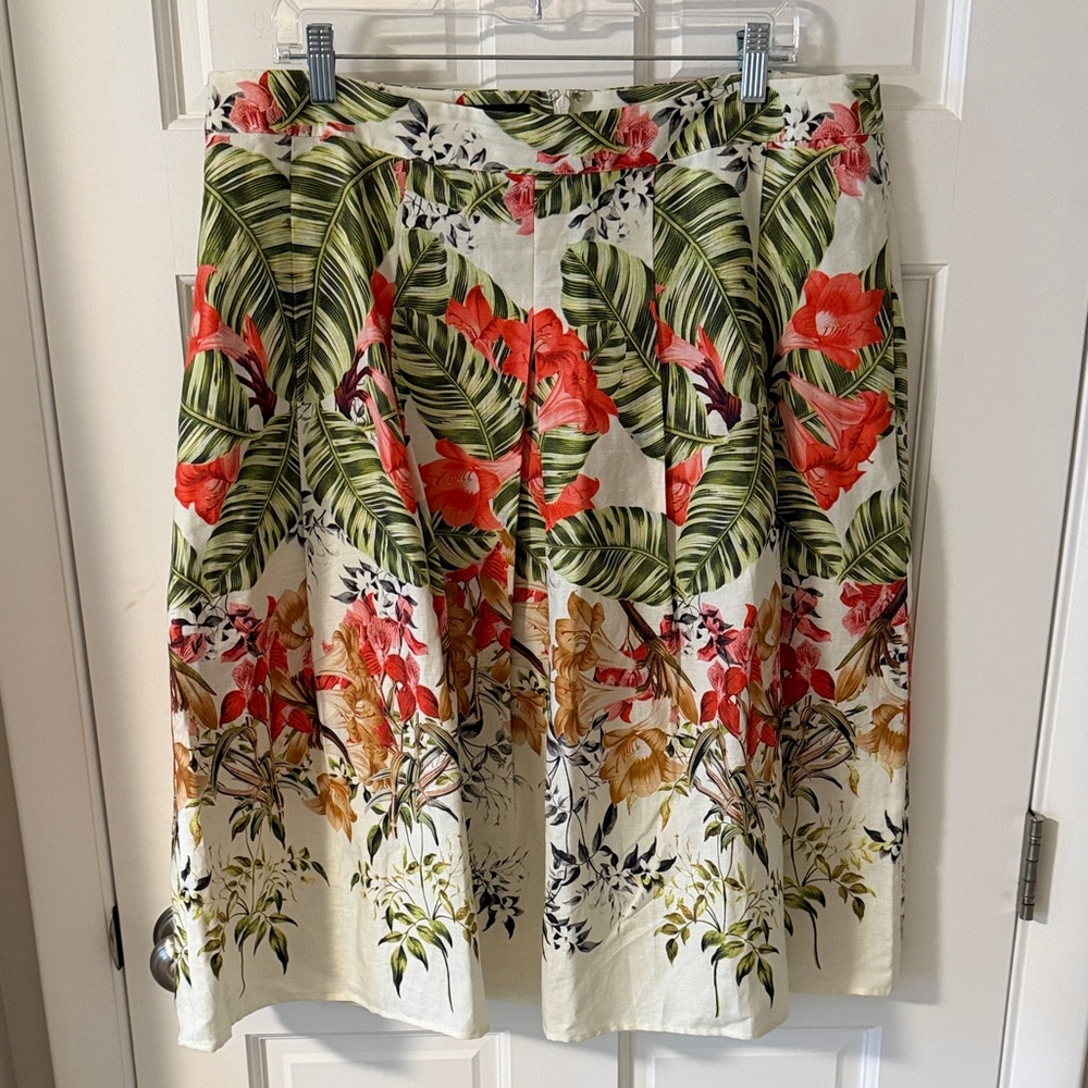 Talbots Tropical Floral Linen Blend Pleated Skirt Vacation Hawaiian Size 16